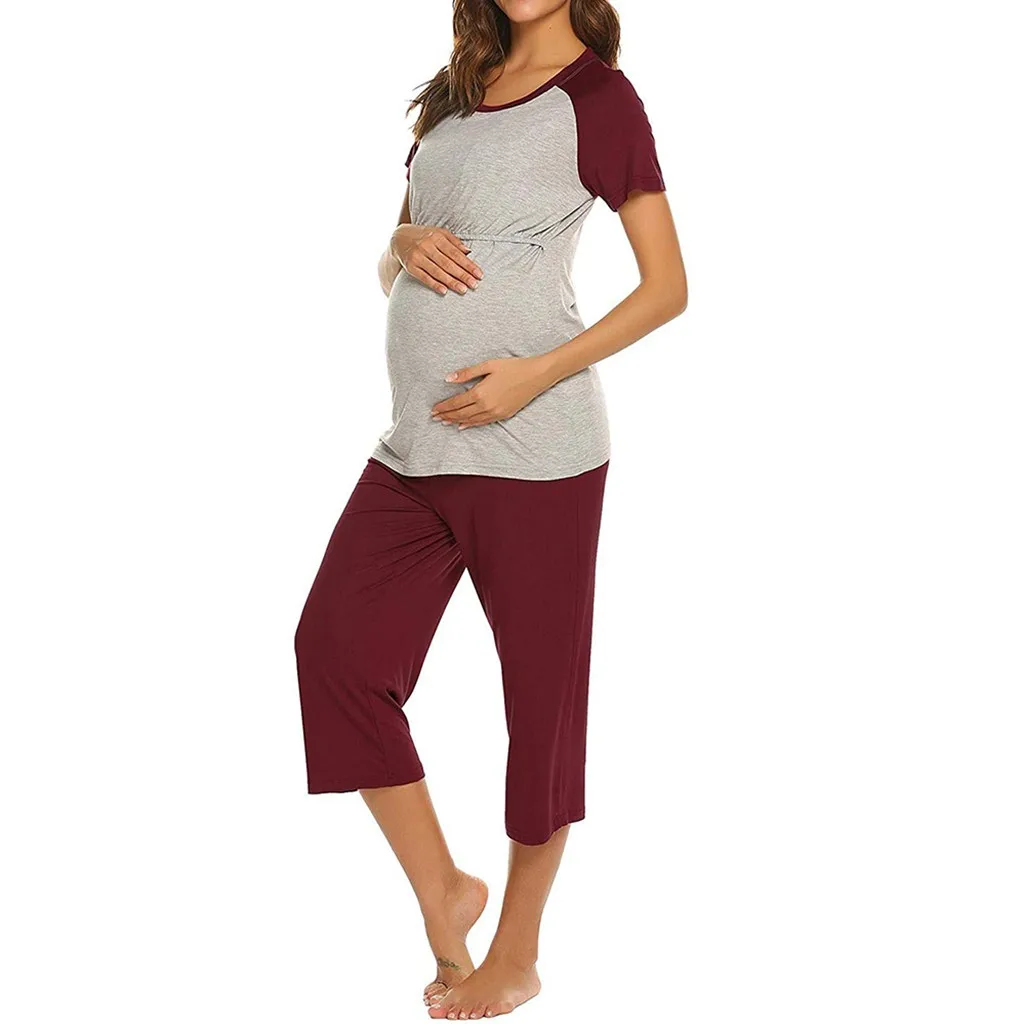 Женский топ с короткими рукавами для беременных; футболка+ 4/3 брюки; Пижама; осенний костюм для беременных женщин; Женский комплект для беременных;#1024