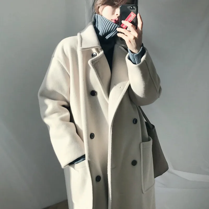 

2020 Winter Wool Long Coat Women Long Sleeve Korean Vintage Outwear Chaquetas De Mujer Casual Ladies Classic Overcoat With Belt