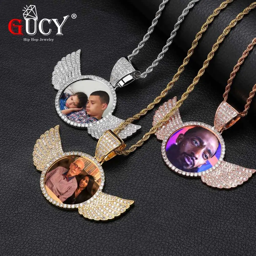 Baratos GUCY foto hecha a medida con collar de alas Sngel y colgante Cadena de tenis de 4mm Color oro plata circonita cúbica joyería de Hip hop para hombre