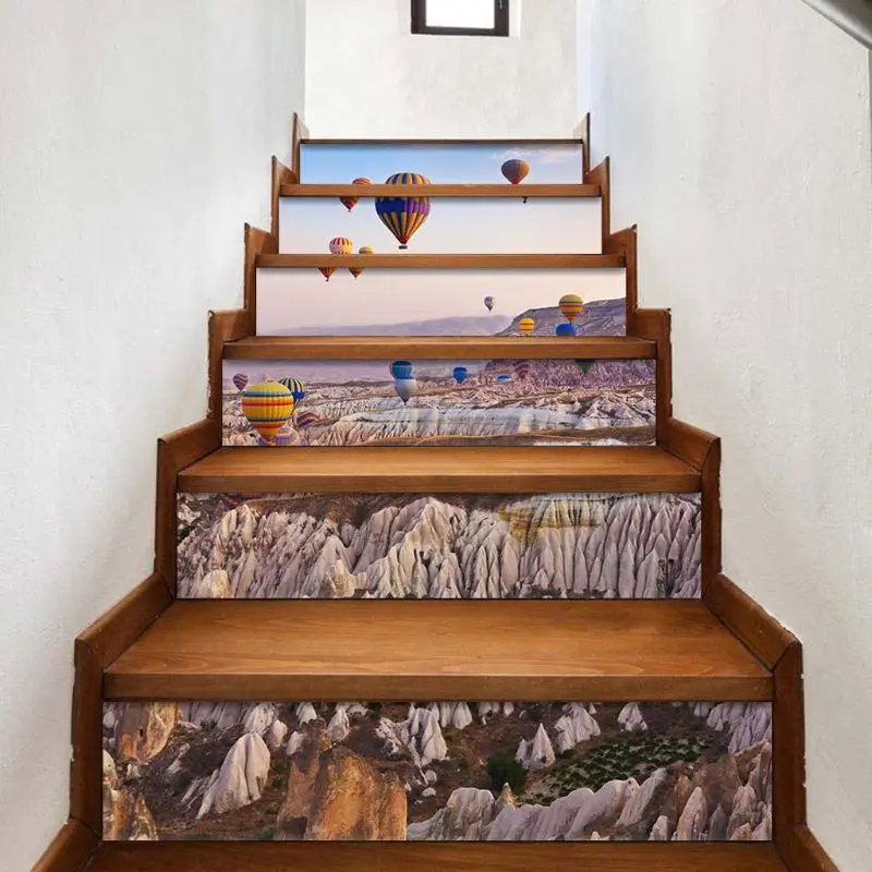 

6pcs/set 3D Hot Air Balloon Staircase Stair Riser Floor Sticker Self Adhesive DIY Stairway Waterproof PVC Wall Decal Home Decor