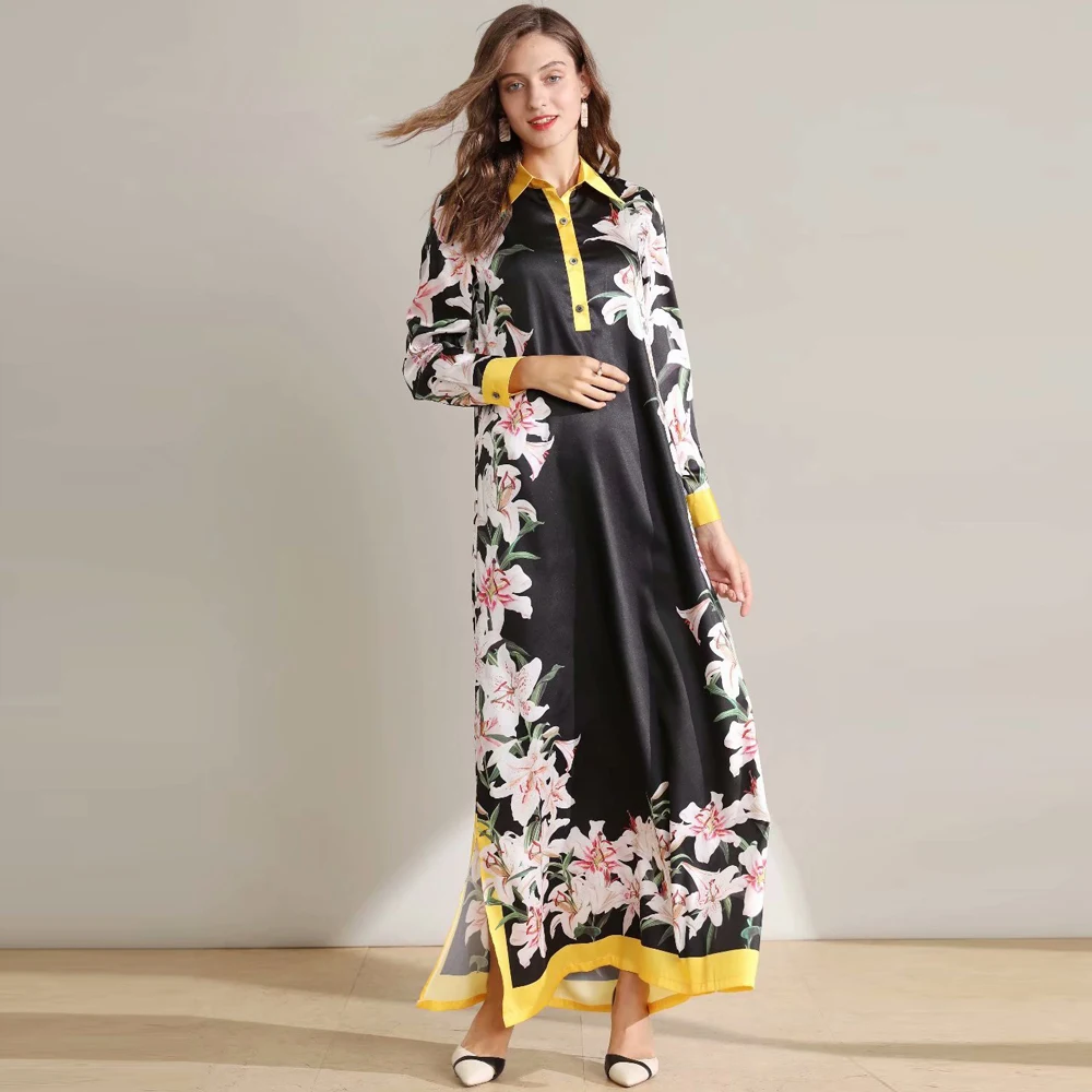 Красный RoosaRosee осенний дизайнерский длинный макси Vestidos женский длинный рукав отложной воротник Цветочный Принт Свободные платья халат Femme Новинка