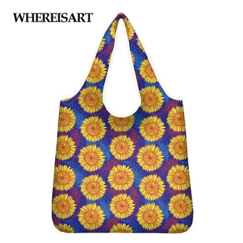 

WHEREISART New Arrival Style Grocery Handbags For Women Sunflower Painting 3D Print Large Capacity Shopper Shoulder Sac A Main