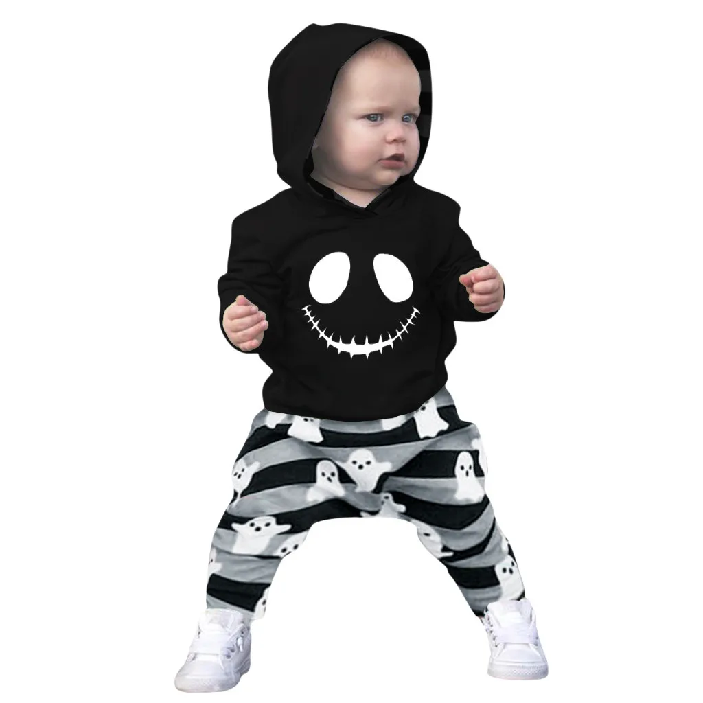 Новая милая одежда для малышей, худи с черепом и длинными рукавами для девочек на Хэллоуин, комплекты со штанами в полоску, комплект из 2 предметов для детей