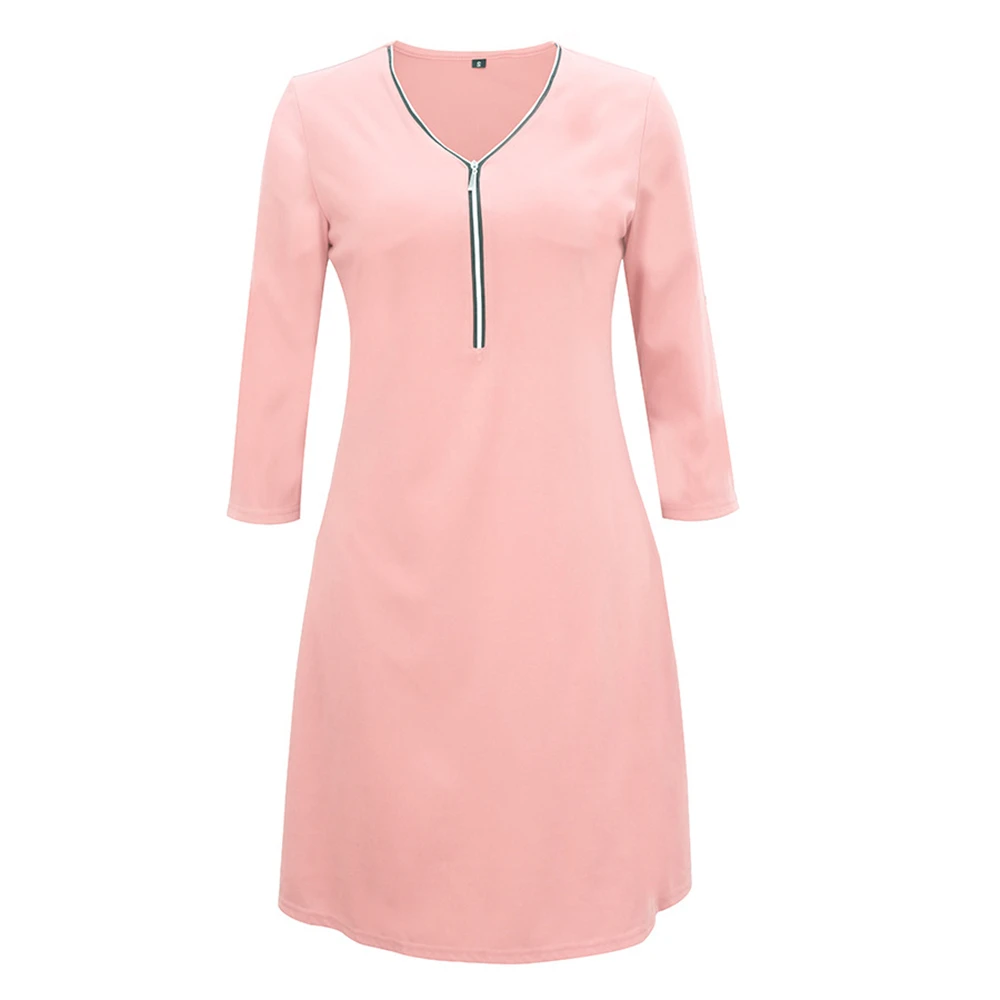 Pink Pdfmily Fashion Women Casual Red Dresses Solid Zipper V-Neck Three Quarter Sleeve A-Line Short Loose Dress With 4 Colors - Цвет: Pink