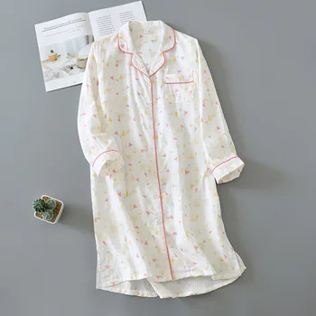

Women Summer Pure Cotton Thin Sleep Nightgown Turn-down Collar Long Sleeve Sleeping Dress Geometric Night Gown Sexy Nightwear