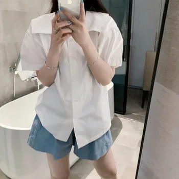 

WOMENGAGA 2020 Summer Casual Single Breasted Shirt Girl Female Sailor Collar Solid Short Sleeve Preppy Style Loose B092