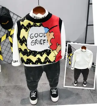 

Hot sale! 2019 winter style Children clothing sets Baby boys Knit vest, thick T-shirt, thick jeans sports suit kids clothes Suit