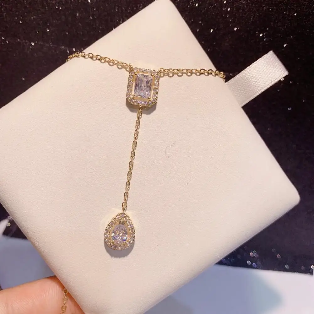 HIBRIDE Elegant Fashion Geometry AAA Cubic Zircon Trendy Geometric Lariat Necklace For Women Wedding Dubai Pendant Necklace P28 - Image 3