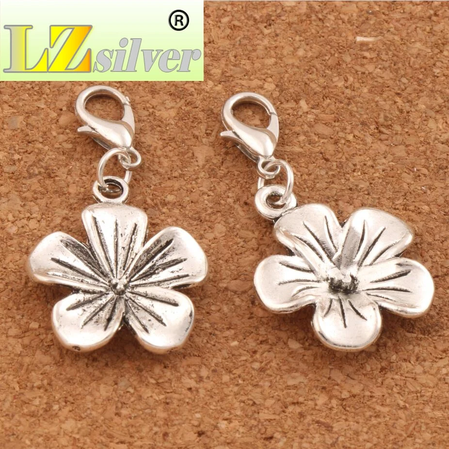 Tropical Plumeria Flower Lobster Claw Clasp Charm Beads 19.5x36.2mm 100pcs Zinc Alloy Jewelry DIY C327