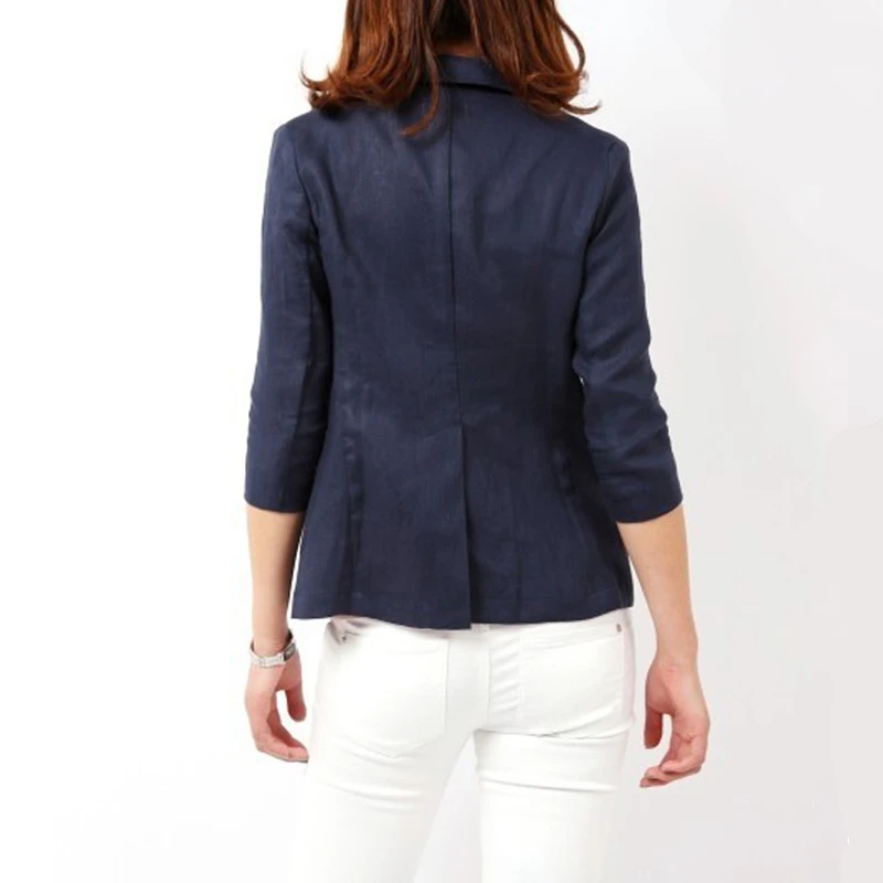 Women Formal Blazer Jackets 2023 Summer Autumn Slim Fit Office Work Notched 3/4 Sleeve Cotton Linen Blazer White Blue