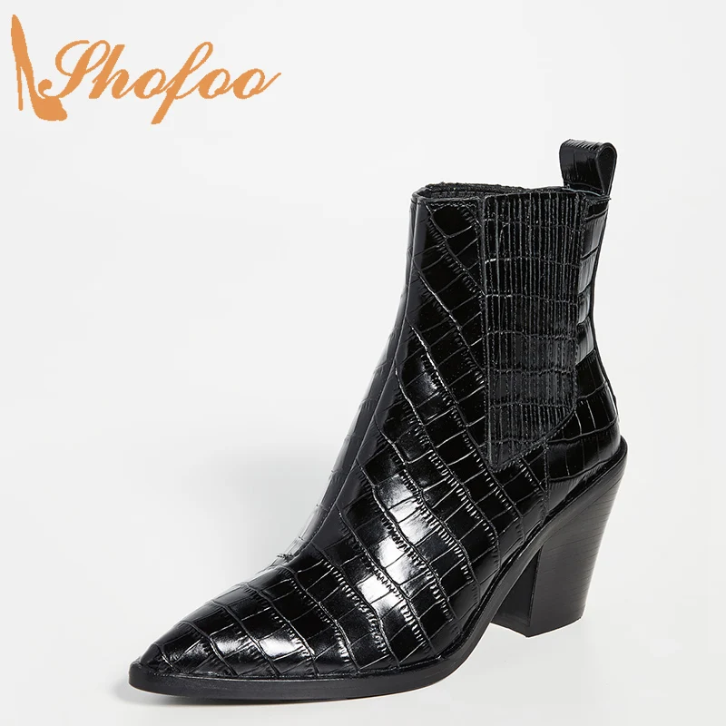 Shofoo/черные женские ботинки «Челси» с тиснением под крокодиловую кожу с острым носком женская зимняя модная обувь на высоком квадратном каб... Shofoo/черные женские ботинки «Челси» с тиснением под крокодиловую кожу с острым носком женская зимняя модная обувь на высоком квадратном каб...