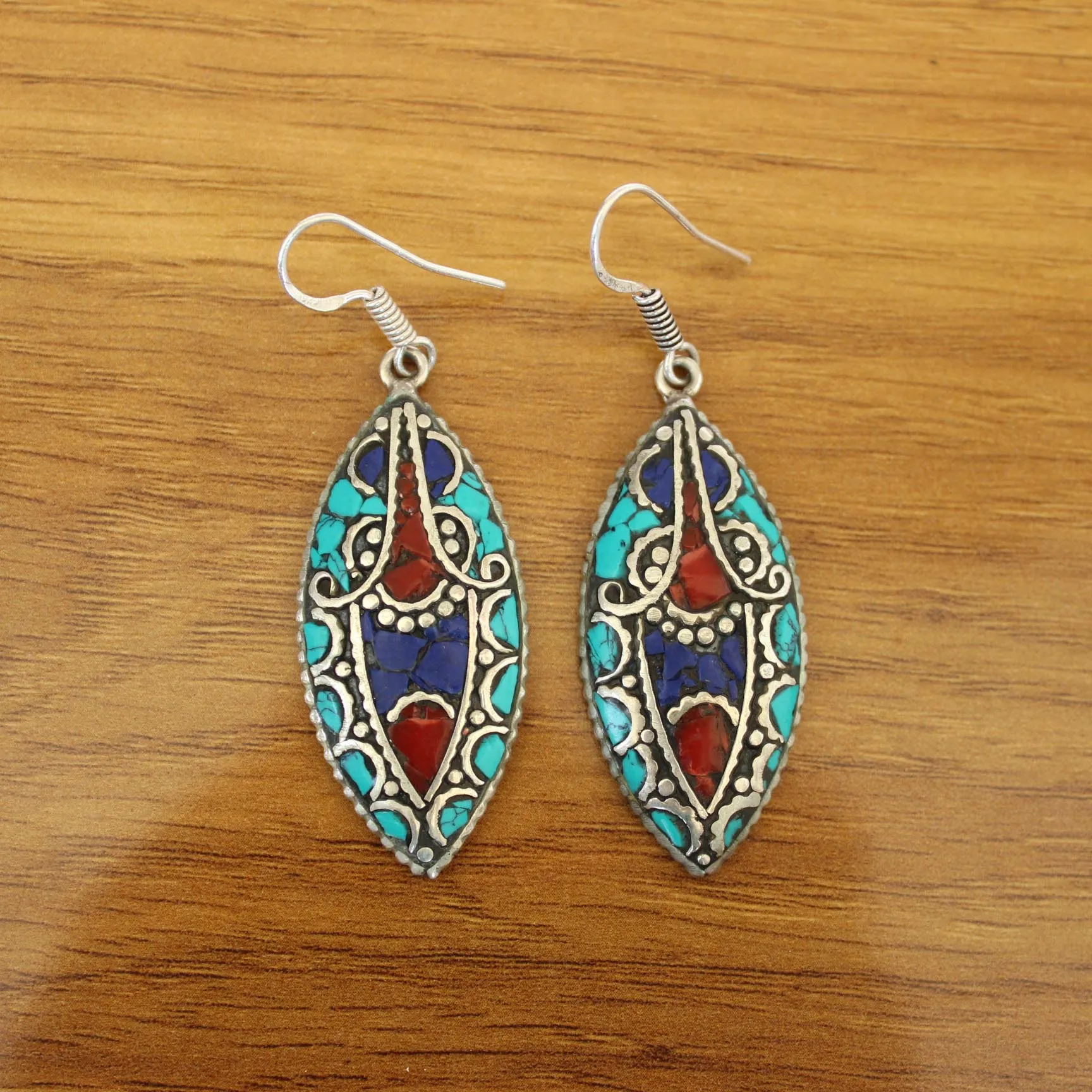 ER191 Nepal Jewelry Ethnic Oval Lapis Turquoises Colorful Stone Leaf Fashion Dangle Earring For Women