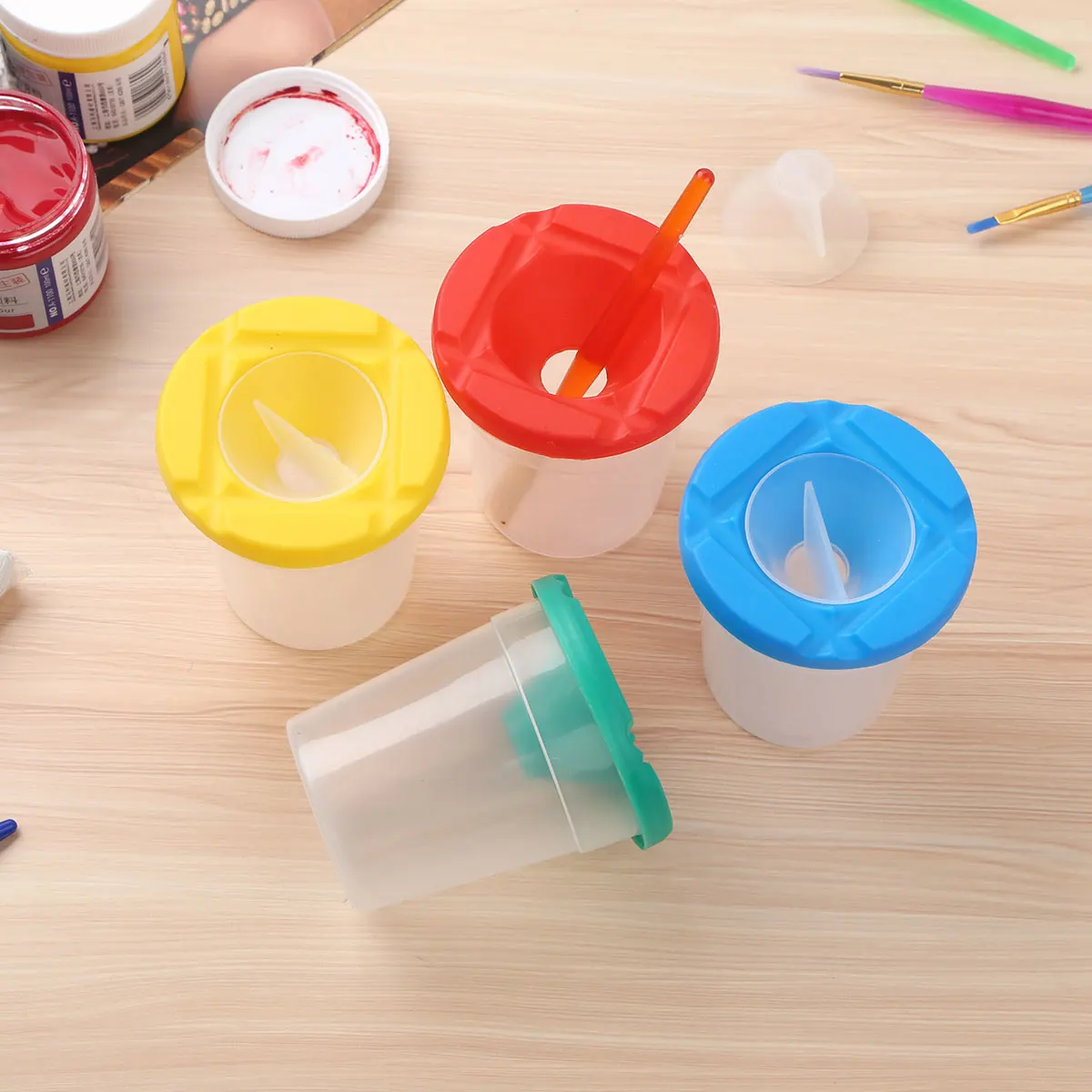 4pc Spill Proof Plastic Cups Reusable Paint Color Pot Kids Painting