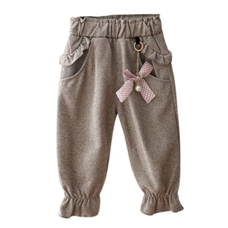 Осенние хлопковые однотонные штаны с принтом для маленьких девочек; повседневные брюки с бантом; одежда для малышей; Bottomss
