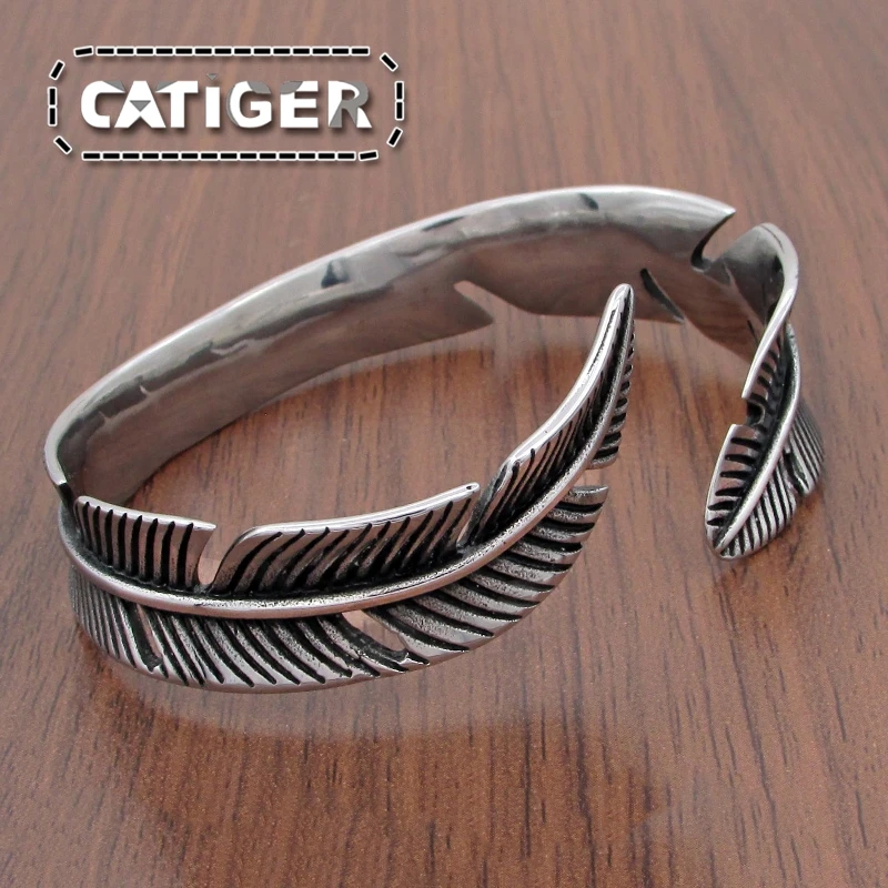 Vintage 316L Stainless Steel Feather Shape Open Cuff Bangle Bracelet For Men Or Women Classic Retro Style Rock Jewelry 3