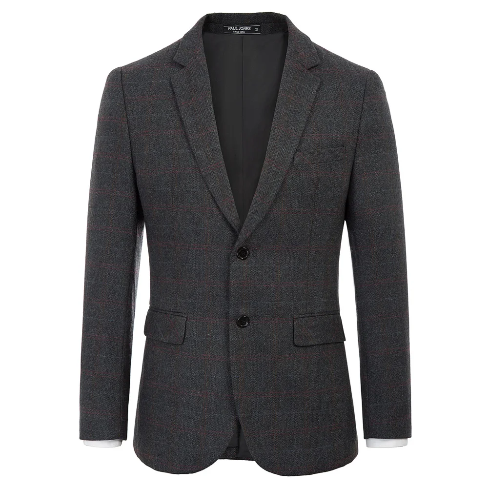 Пиджак в деловом стиле, мужской блейзер с двумя пуговицами, пальто с карманами, стильный, однотонный, офисный, деловой, вечерние, с длинными рукавами, с отворотом - Color: Dark Gray