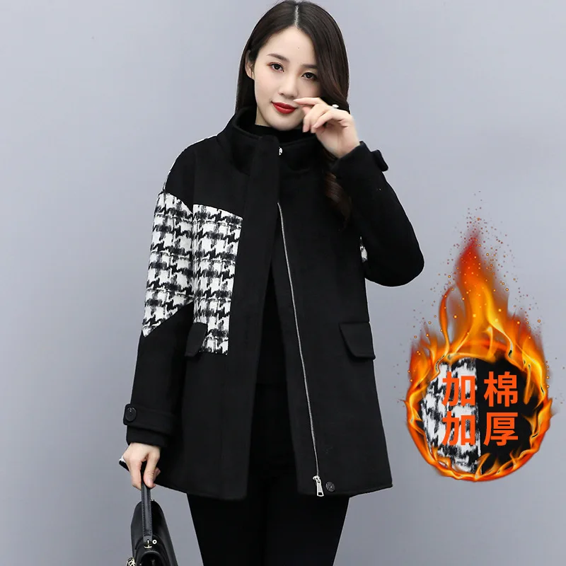 

2020 Autumn and Winter New Black Woolen Coat Women's Mid-Length Thickened Houndstooth Stitching Short-Height Woolen Coat