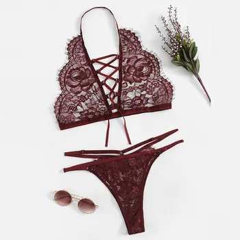 

2019 Sexy High Elasticity Women's Bra Set Lace Lingerie Wire Less Underwear Wine Push-Up Underwear Tops+Briefs Babydoll Bra Set