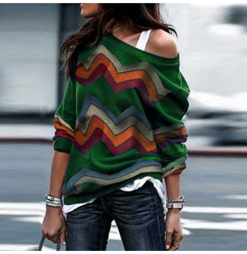 Autumn Winter Women T Shirts Geometric Long Sleeve Tee Shirt Top Sexy One Shoulder Female Plus Size Streetwear Ladies - Цвет: Army Green