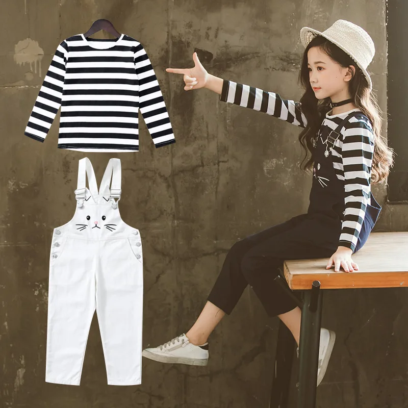 

2019 Autumn Girls' Overalls Set Korean-style Loose-Fit Big Boy Two-Piece Set-Style Children Cat Embroidery Set