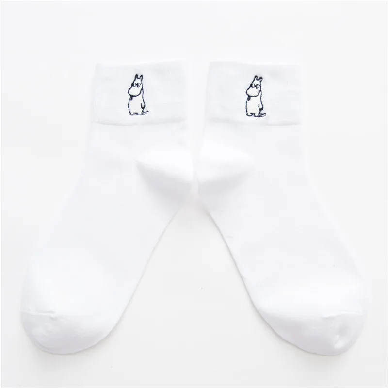 White Hippopotamus Women Socks Autumn Winter New Cotton Embroidery Cartoon Black White Tube Ladies College Wind Personality Casual Sports Sock - Color: White Hippopotamus