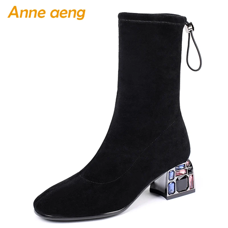 

2019 New Autumn Kid Suede Women Ankle Boots Crystal High Heels Round Toe Sexy Ladies Women Shoes Black Elastic Short Boots