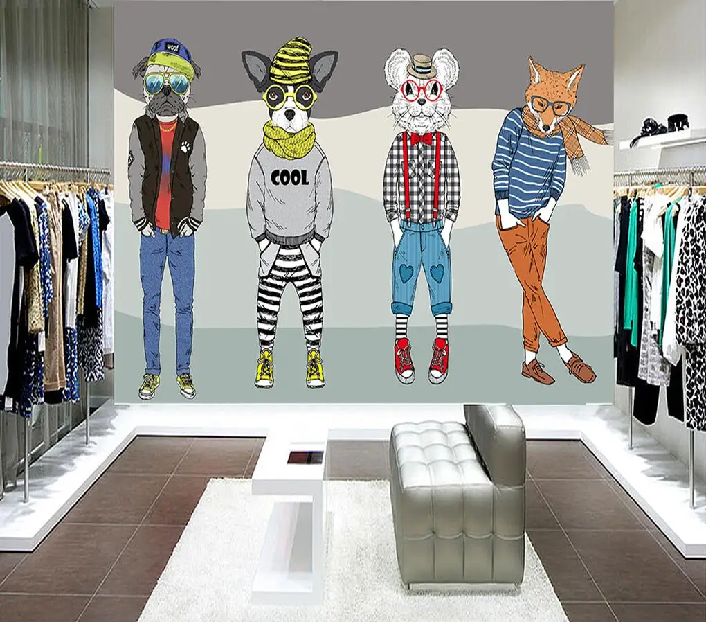 Personalizado 3d Papel de Parede Pintados à Mão Abstrata Animal dos Desenhos Animados Loja de Roupas do Cão Parede de Fundo Decorativo Auto-adesivo Mural