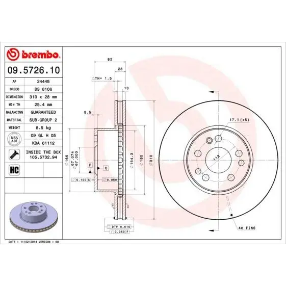 Диск тормозной передний MB W140 3.2 91-98 BREMBO 09.5726.10