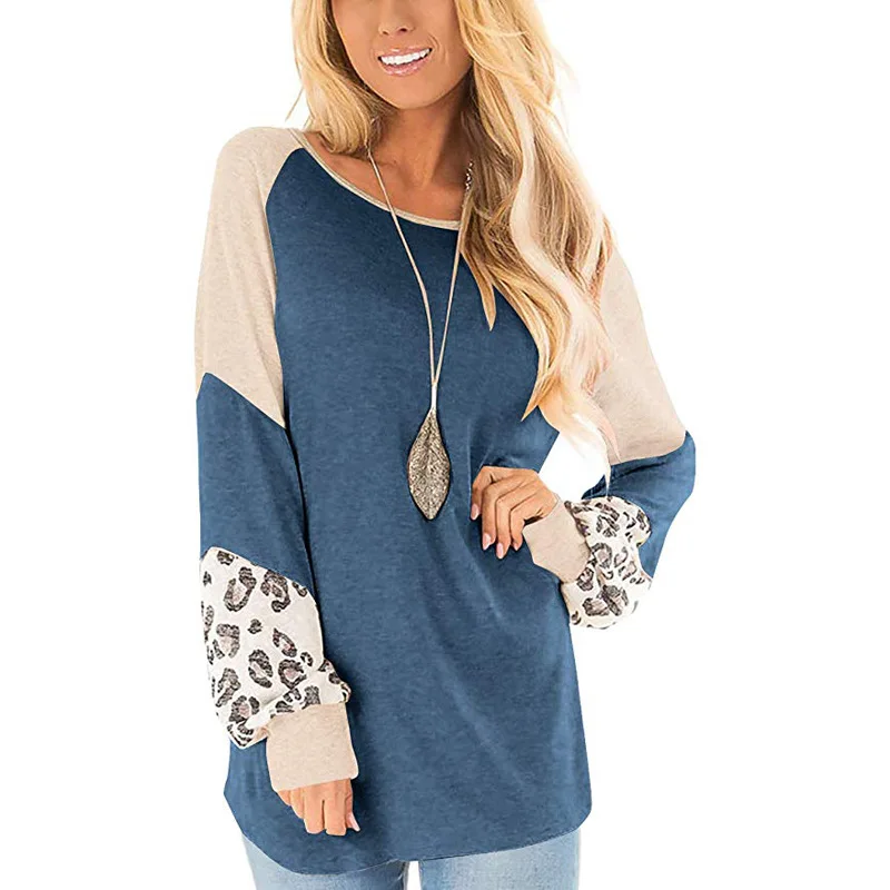 

Drop shoulder Long Sleeve T-Shirts Women Autumn T-Shirt Streetwear Leopard Patchwork Loose Tops Fashion Female Loose Pullovers