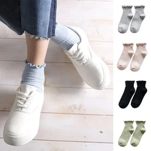 Женские мягкие хлопковые носки, повседневные однотонные милые носки, дышащие носки-башмачки с оборками