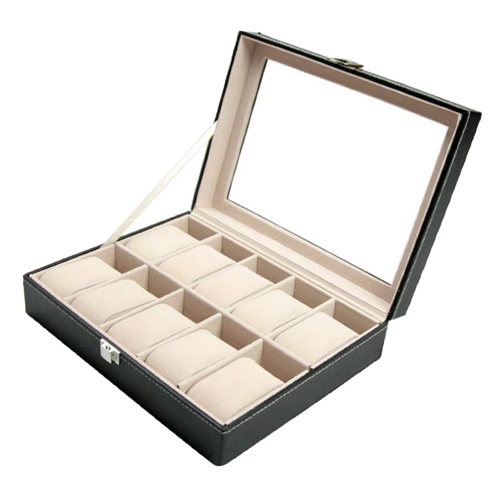 10 Slot Leather Watch Box Glass Top Watch Jewelry Display Case Organizer Business Storage Organizer with Removable Cushion