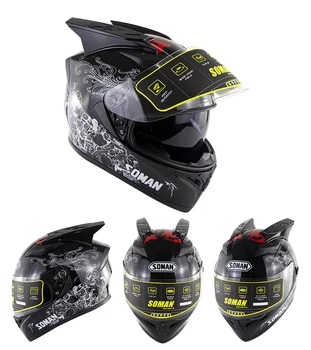 

Motorcycle Helmet Full Face Helmets Soman SM960 ECE Approval Double Lens Highway Riding Helmet casco capacete moto+Spoiler horns