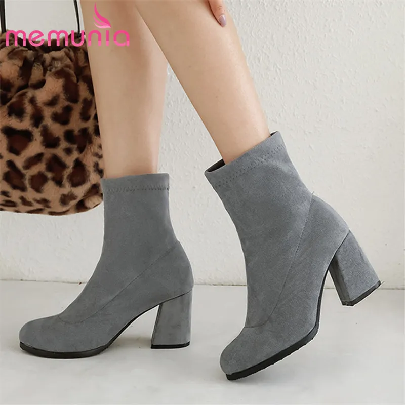 

MEMUNIA 2020 plus size 46 women ankle boots flock round toe slip on autumn winter square high heels shoes woman Stretch boots