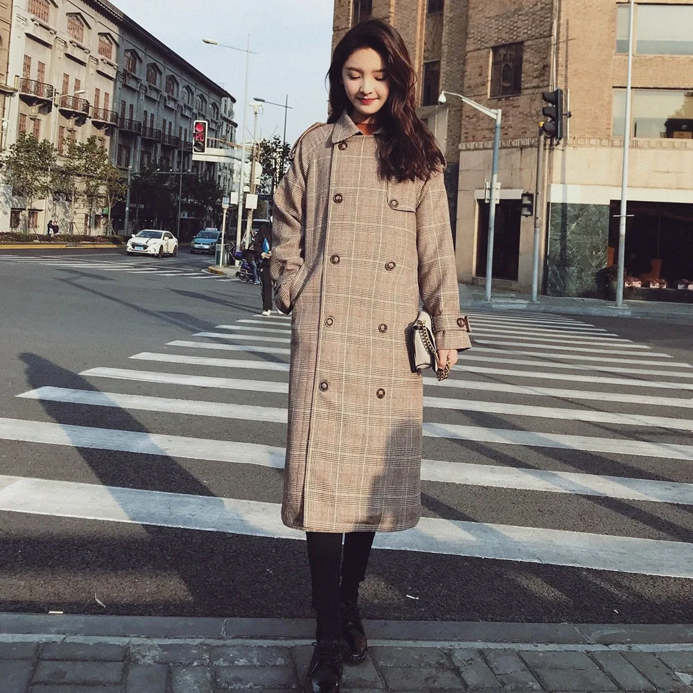 

Fashionable over-the-Knee Long Korean-style Coat Women's 2019 Autumn New Style Retro CHIC-Style Waist Hugging Lace-up Plaid Tren