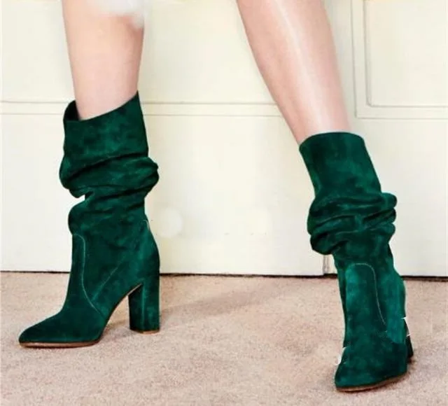 Ronde Neus Suède Groene Blauwe Geplooide Knie Hoge Chunky Hak Laarzen Vrouw  Mode Slip On Lange Dikke Hoge hak Lange Laarzen|Knie hoogte Laarzen| -  AliExpress