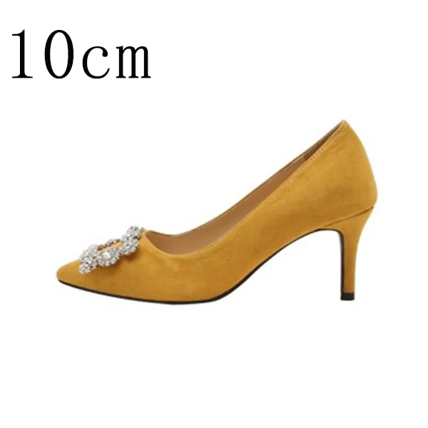 Женские туфли-лодочки; стразы; женская обувь на высоком каблуке; модельные туфли с острым носком; мягкие свадебные туфли на тонком каблуке; Новое поступление года - Цвет: Yellow 10cm Pumps