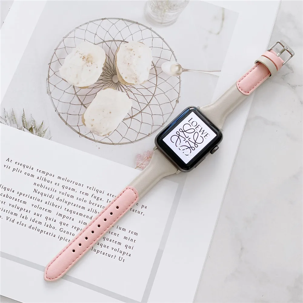 Ремешок кожаный двухцветный для Apple Watch 7 40 44 45 мм браслет с пряжкой наручных часов