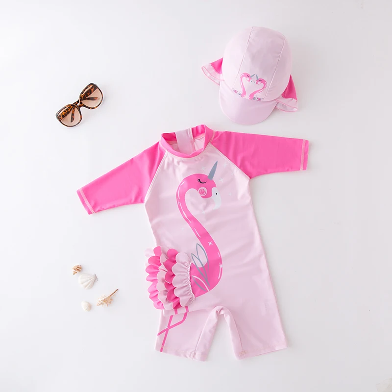 Baby Swimwear Flamingo Unicorn Swimsuit for Girls UPF50 Anti UV Bathing Suit One Piece Toddler Rashguard with Sleeves