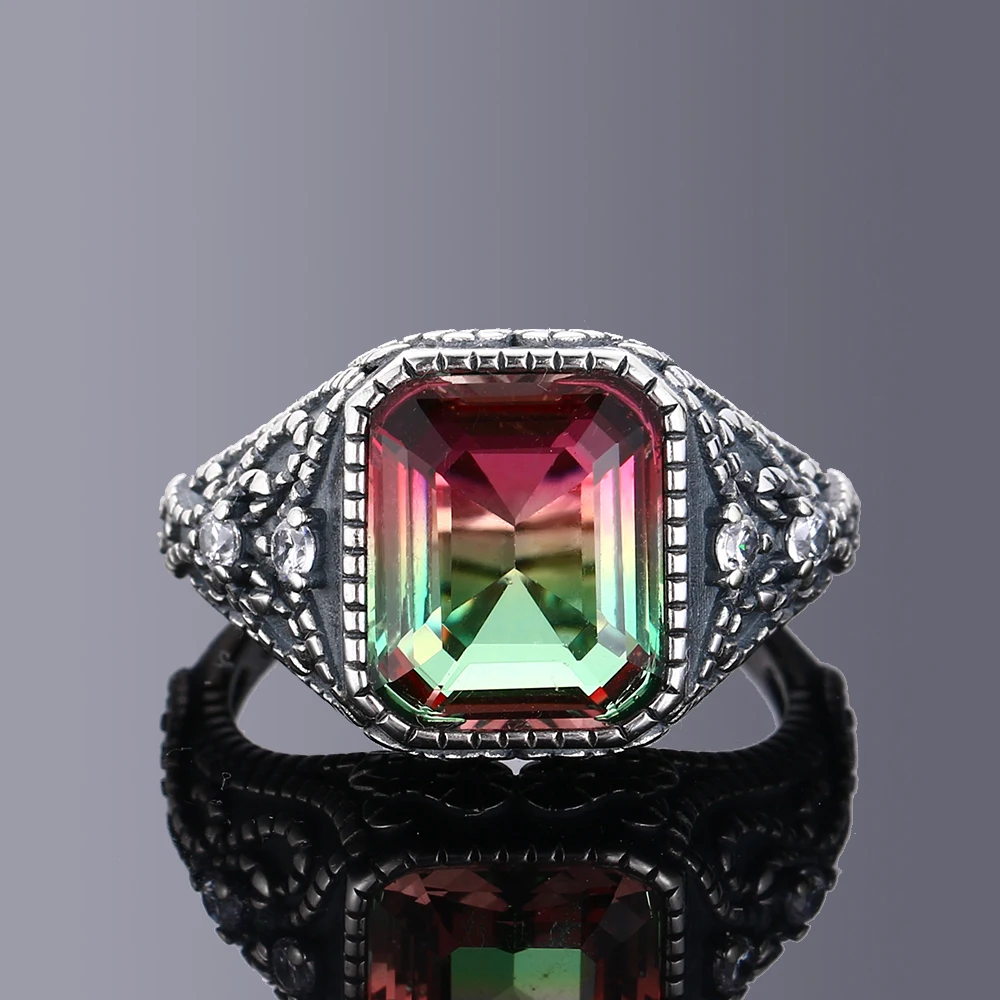 Multicolor Large Rectangular 10 * 12MM Turquoise Ring Female Engagement Wedding Party Jewelry Vintage Fine Jewelry