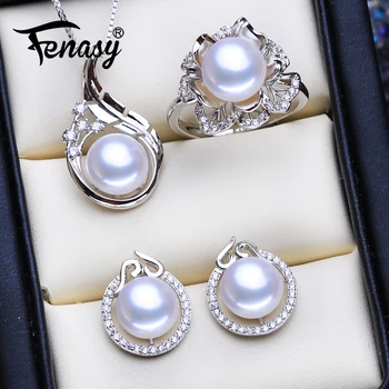 

FENASY 925 Sterling Silver Pendant Necklace Natural Pearl Jewelry Sets For Women Bohemian Stud Earrings With Stones Party Rings