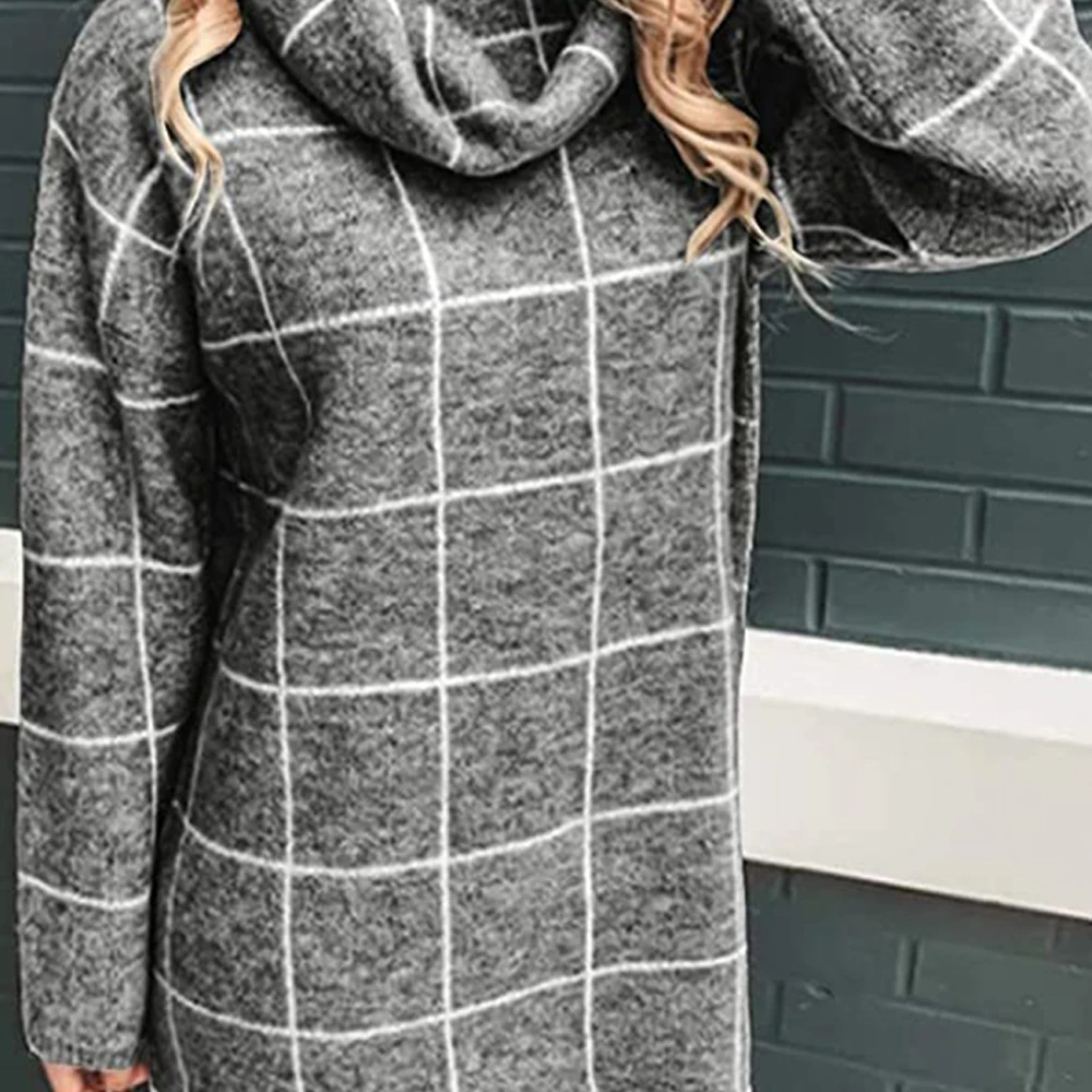 Stylish Knitted Sweater Oversized Women Loose Long Top Gray Checked Pattern Pullover Sleeve Dress femme D25 | Женская одежда