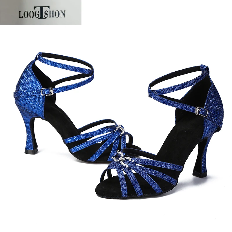 Loogtshon latin dance shoes woman Latin Dance Shoes shining bule satin Women Salsa party Ballroom shoes