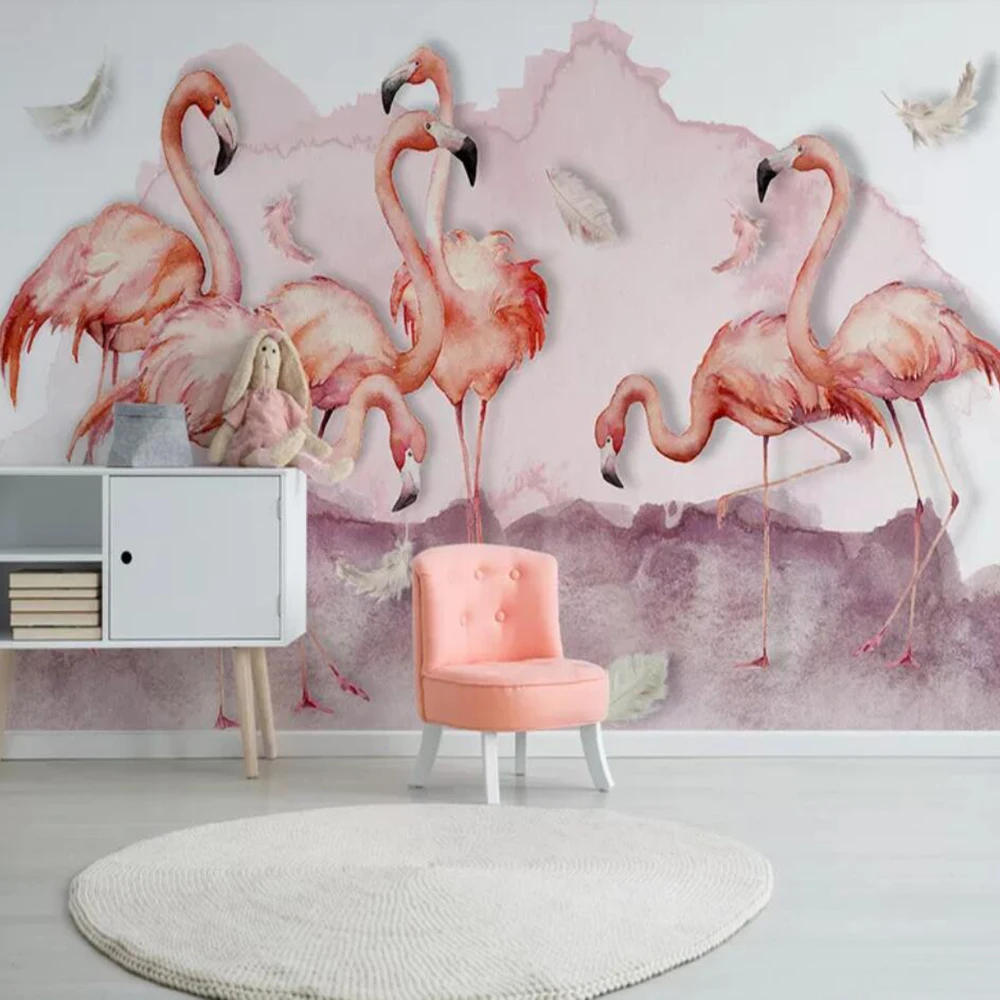 

Milofi custom large 3D wallpaper mural Nordic wind hand painted flamingo pink feathers background wall decoration wallpaper