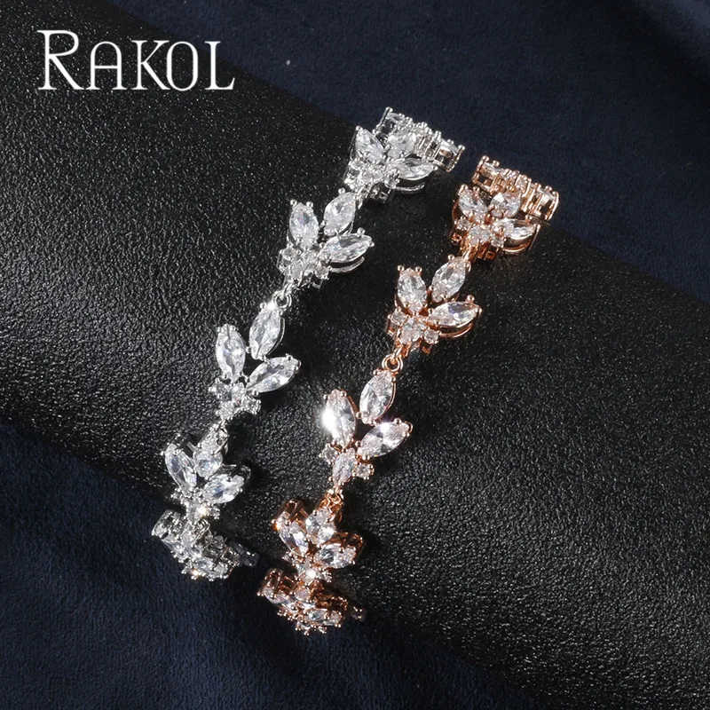 Классические Прозрачные браслеты RAKOL с кубическим цирконием в виде листьев, браслеты для женщин, вечерние аксессуары для свадебного платья