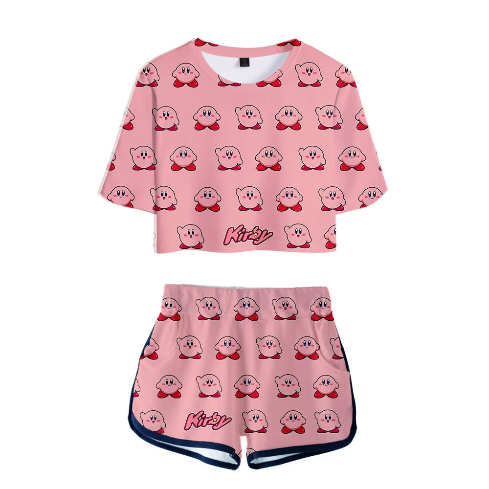 Летняя модная Сексуальная футболка с коротким рукавом и 3D принтом Кирби, Женская Удобная облегающая футболка+ шорты, Женский Повседневный костюм в стиле аниме