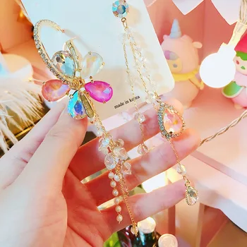 

MENGJIQIAO Korean Luxury Flower Crystal Long Tassel Dangle Earrings For Women Exaggerate Asymmetric Fashion Jewelry Pendientes