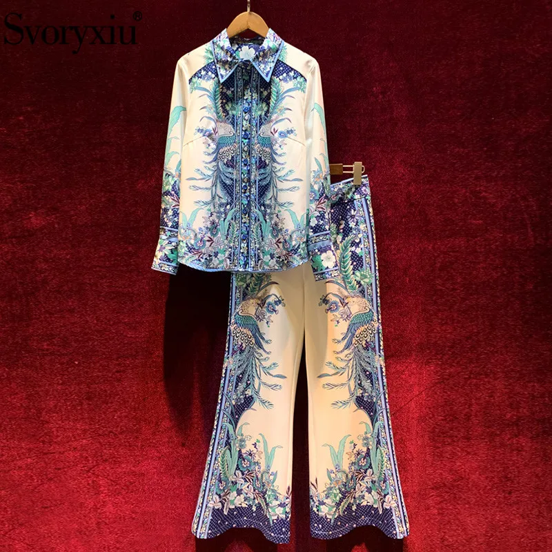 

Svoryxiu 2020 Spring Summer Fashion Runway Two Piece Set Women's Vintage Blue White Flower Print High Quality Pants Suits