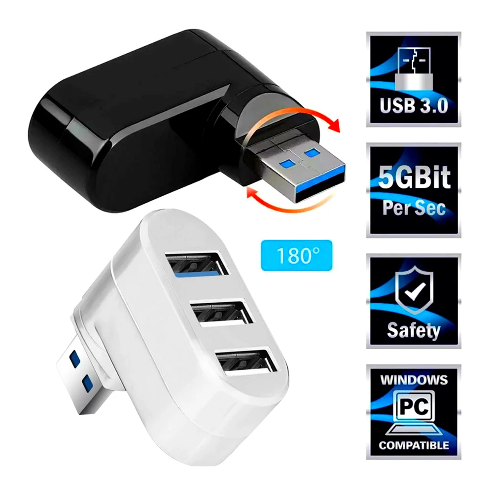 

High Speed 3 Port USB 3.0 Multi HUB Splitter 90/180 Degree Rotatable Mini USB 2.0 HUB Expansion For MacBook Pro PC Laptop