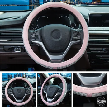 

NEW Pink Bling Shiny Rhinestone Diamond Car Steering Wheel Cover Leather PU 14.5-15 Inches Steering Covers For Women Girls
