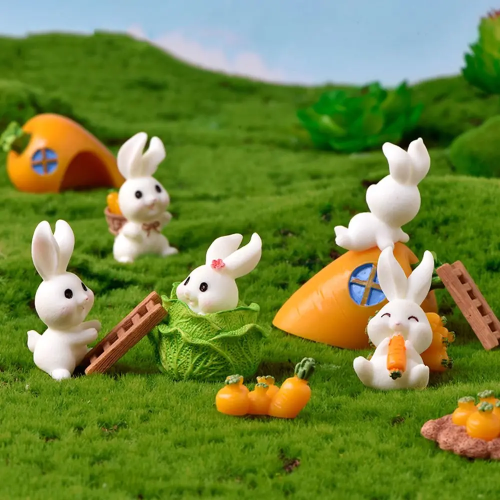 Cute Micro Landscape Animal Craft Resin Bunny Statue Figurine Di Coniglio In Miniatura Fairy Garden Mini Carota House